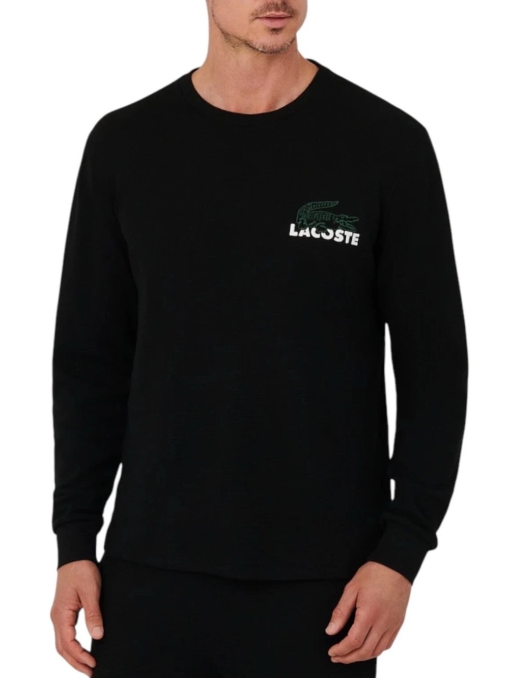 Lacoste Large Crocodile Logo Thermal Waffle Knit Longsleeve Sleepwear Black XS